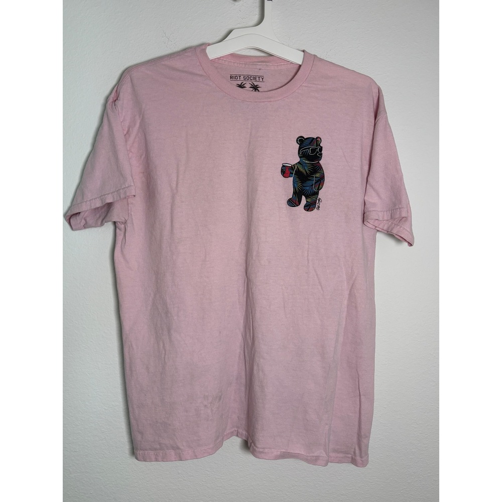 Riot Society Mens Pink Graphic T-Shirt Bear Sunglasses Cotton Size L